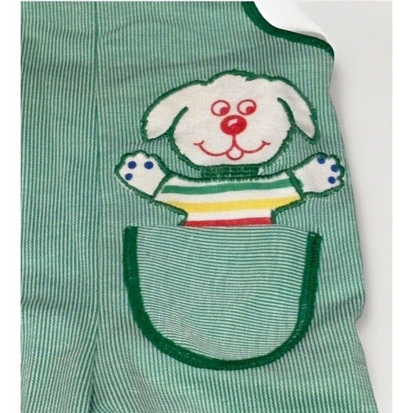 Carters Vintage Bib Overalls 18 Mo Green Stripe Dog Appliqué 70s Embroidered - Picture 3 of 5